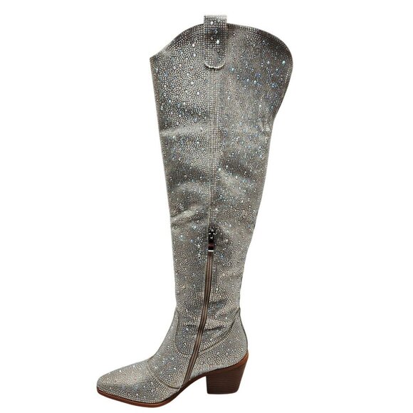 Rhinestone Embellished Silver Western Style Knee-High Boots Block Heel Size 6 - Picture 10 of 12